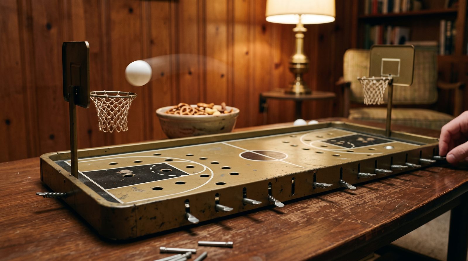 A vintage 1960s tabletop basketball game on a wooden coffee table: a pocked metal court in old gold and black, metal levers along the sides, a ping-pong ball arcing toward a tiny raised hoop with a net, a bowl of pretzels behind.