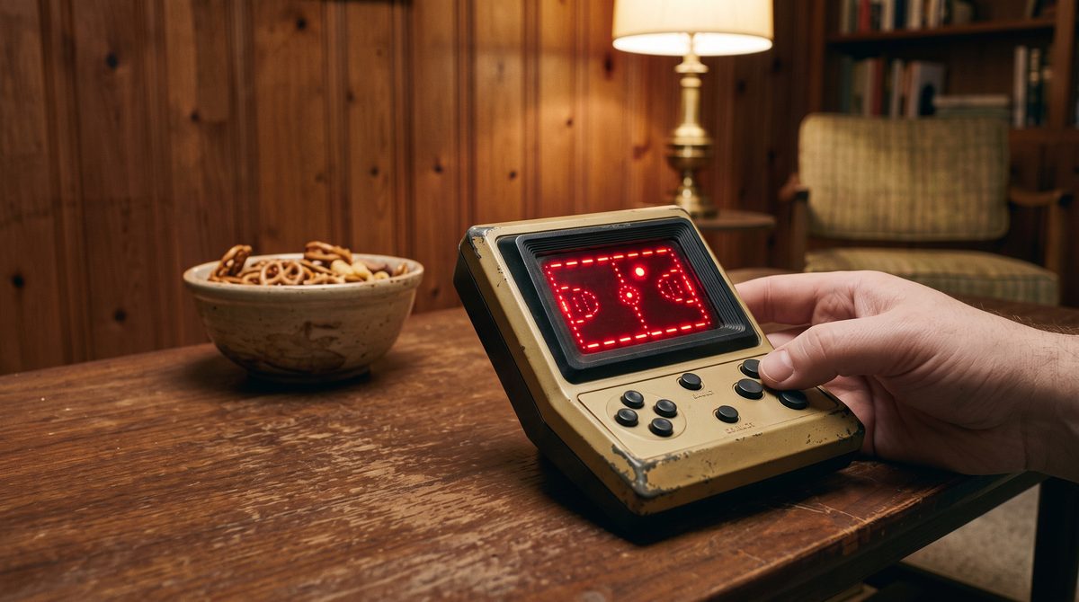 A late-1970s handheld electronic basketball game in a scuffed old gold and black case, its small screen of red LED dots glowing, resting on a wooden table beside a bowl of pretzels.