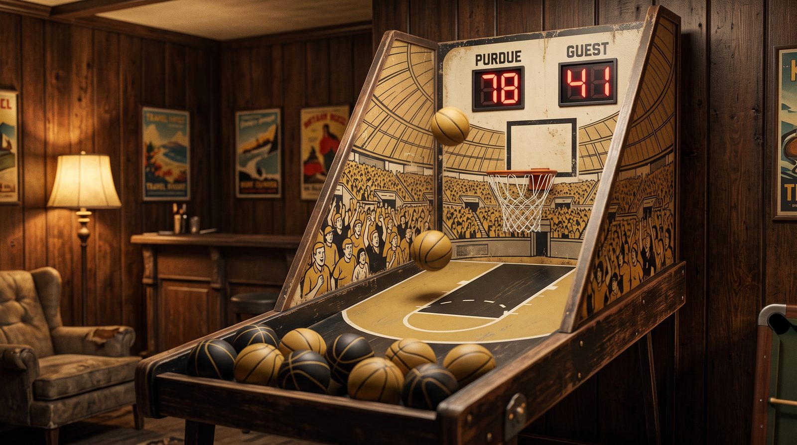 An arcade-style pop-a-shot basketball game in a basement rec room, its scoreboard reading PURDUE 78 and GUEST 41, a painted arena crowd on the backboard, and miniature black-and-gold basketballs rolling down the return chute.