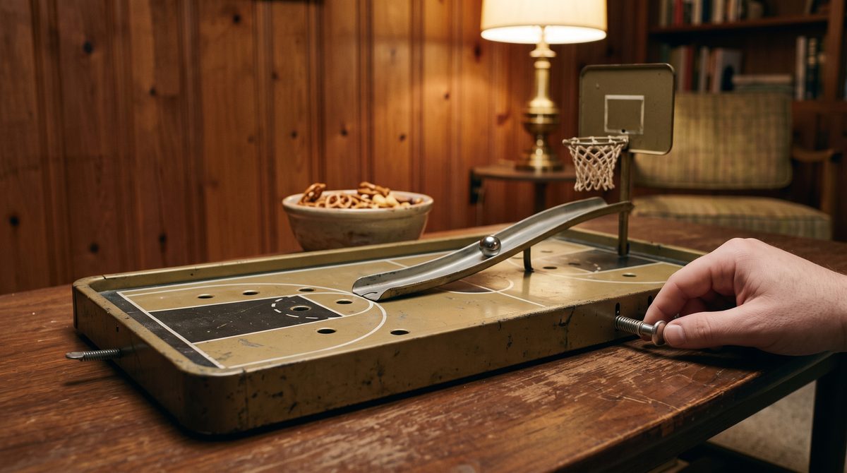 A 1930s pressed-steel tabletop basketball game in worn old gold and black: a spring plunger sends a steel marble up a curved ramp toward a wire hoop with a small cloth net.