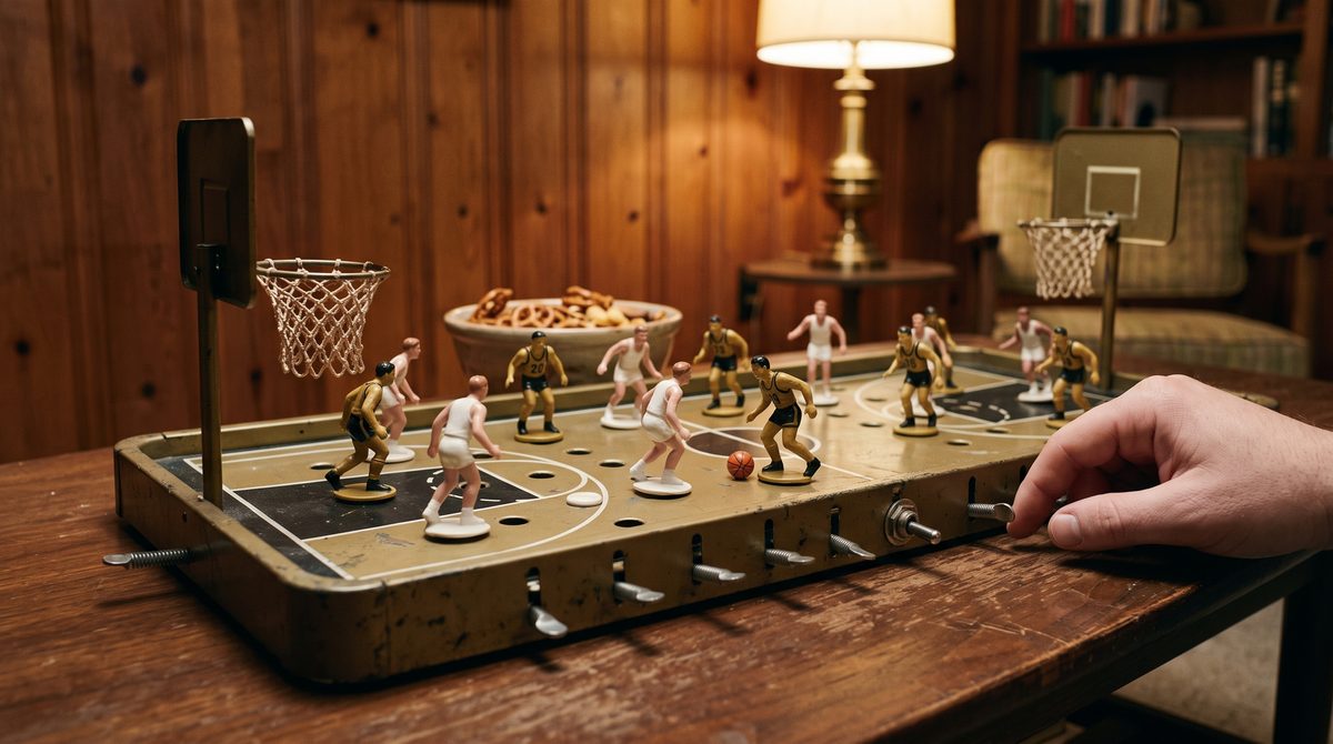 A 1950s vibrating tabletop basketball game: tiny plastic figurines in old gold and black and in white jitter across a small metal court under lamp light, a miniature hoop on a post at each end.